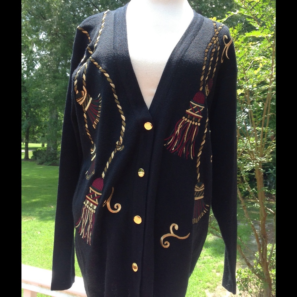 Vintage Black Gold Cardigan Tassel Red Sweater